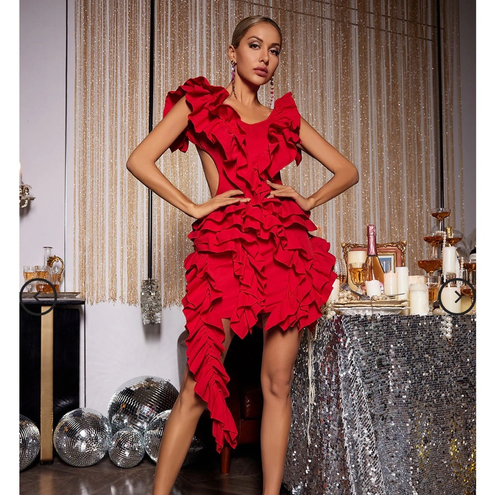 Margie Cutout Ruffle Tiered Dress In Red